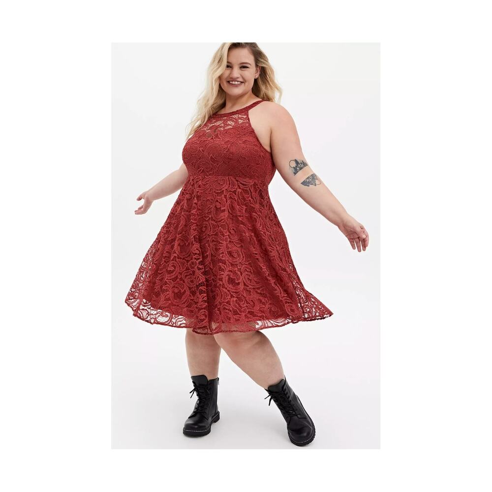 Torrid Dress Womens Plus 18 Terracotta Red Glitter Lace Sweetheart Skater Mini
